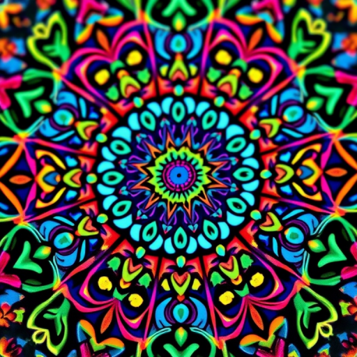 Create a highly detailed mandala with vibrant colors, intricate patterns, and a symmetrical design, shot with a DSLR camera at f/8, ISO 100, 50mm lens, with a macro view to enhance texture and clarity.