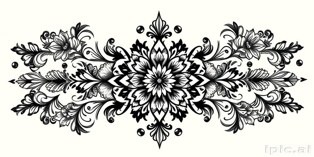 Ornamental blackwork tattoo titled "Lace Elegance" showcasing intricate floral and geometric patterns inspired by delicate lacework, incorporating symmetrical designs and negative space for visual contrast