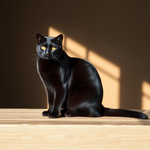 Create a high-resolution image of a stylized black cat with smooth fur sitting gracefully on a wooden surface, captured with a DSLR camera at f/2.8 aperture, 50mm lens, ISO 100, natural light setting for soft shadows and high detail.