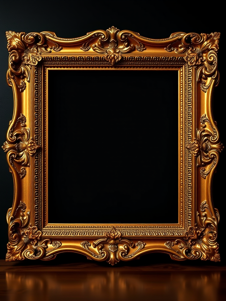 Generate a high-resolution image of an ornate golden picture frame on a dark background, using a Canon EOS R5 camera, f/2.8 aperture, 50mm lens, soft lighting, and a slightly angled view to enhance depth.