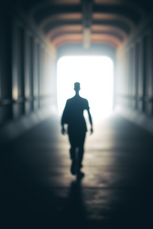 Create a silhouette of a person walking towards a bright light in a dark, abstract environment with bokeh effects, using a DSLR camera with an aperture of f/1.8, ISO 200, 50mm lens, shallow depth of field, and soft focus for dreamy atmosphere.