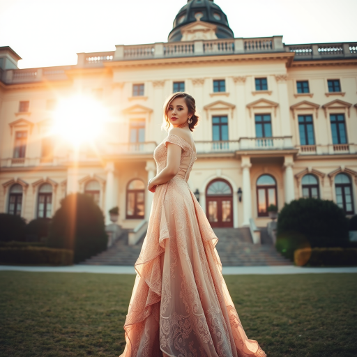 An elegant woman, dressed in a vintage gown, stands in front of a grand, historic building. The setting sun casts a warm, golden light on her
