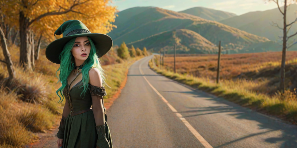digital art fantasy depicting a strange girl with green hair, long eyelashes, brown lipstick and a tall hat walking along a winding road on an autumn afternoon, an Vaquita smiles as she passes