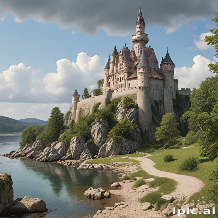 Majestic Castle Overlooking Serene Lake Surrounded by Lush Greenery and ...