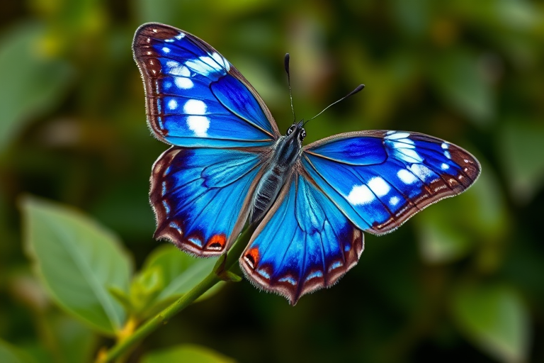 Create an image of a vibrant blue butterfly with striking white spots on its wings, perched on a green stem in a natural setting. The butterfly should display rich colors and intricate patterns, showcasing its delicate and beautiful features against a blurred background of foliage.