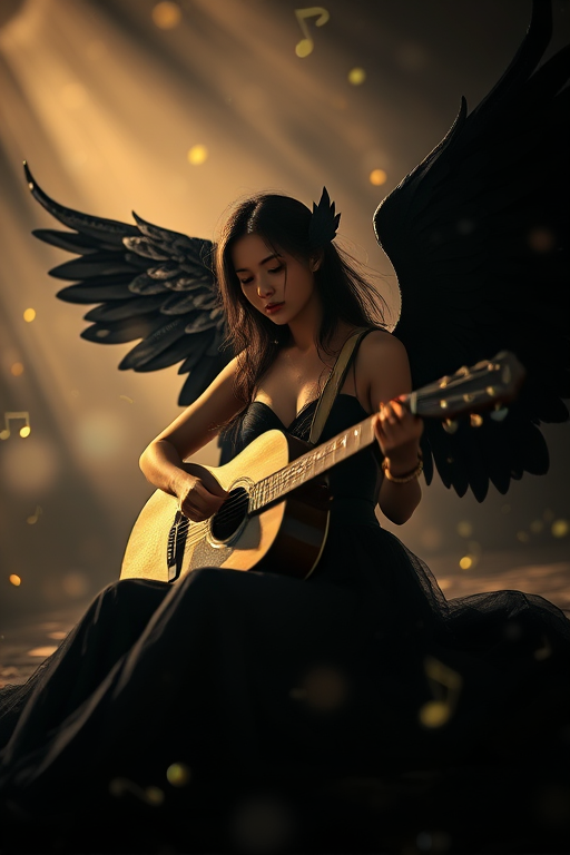 Create an image of a dark, elegant angelic figure with black wings, sitting with a guitar, surrounded by soft glowing light and musical notes, using a Canon EOS R5 with a 50mm lens, f/1.8, ISO 100, in a dramatic low-angle shot to enhance depth and detail.
