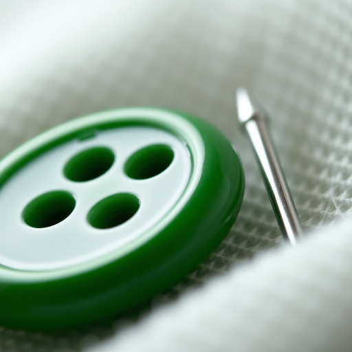 A high-resolution close-up of a shiny green button with four holes next to a silver needle, soft-focus background, natural lighting, ISO 100, f/2.8, 50mm lens, DSLR camera.