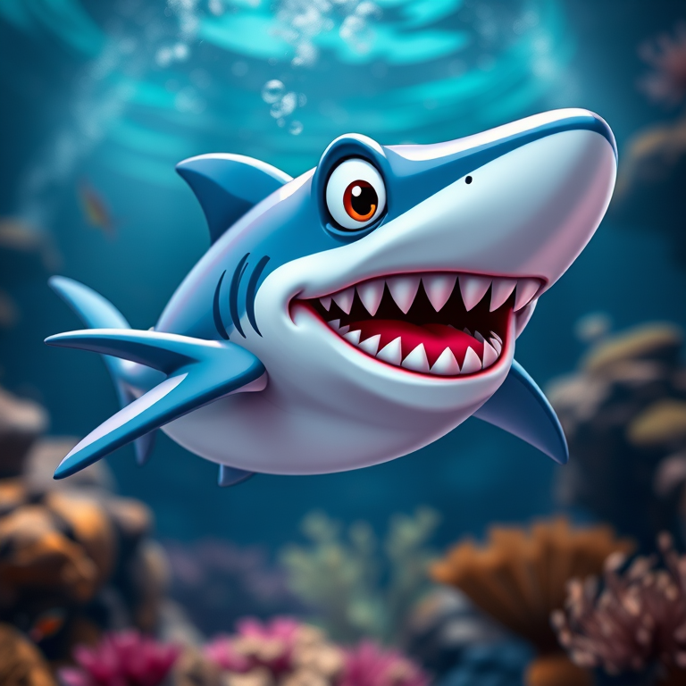 Create a vibrant cartoon shark with exaggerated features swimming in a playful manner, use a 50mm lens, f/2.8 aperture, ISO 100, shoot from a slightly low angle, use a digital camera, enhance color saturation for a lively effect.