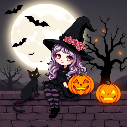 A cute, gothic-style cartoon of a young witch resembling Wednesday Addams sitting on a brick wall under a full moon. She has long wavy hair with silver, pink, and purple ombre highlights, and wears a classic black witch hat decorated with a pumpkin and roses. She is dressed in a black frilly dress with striped stockings and black shoes. A glowing Jack-o'-lantern sits beside her, and a black cat with glowing orange eyes is next to her. The background features a large moon, silhouetted bats, and a spooky tree, with a soft monochrome and slightly glowing effect, creating a magical Halloween atmosphere.