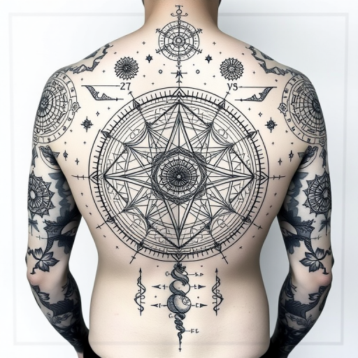 Blackwork sacred geometry tattoo named "Cosmic Blueprint" combining intricate geometric patterns with astronomical symbols and constellations, creating a harmonious balance between order and chaos, suitable for full back, chest, or leg sleeve placement