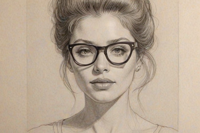 Enticing Michele Trachtenberg, pencil sketch, portrait of Lovely woman 1978s in glasses, hair style beatnik, outline, clear lines, fine lines, 8k