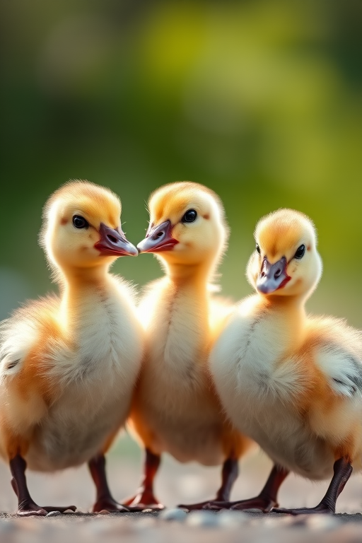 Three fluffy ducklings standing together with soft, natural lighting, shallow depth of field, ISO 200, f/2.8, 50mm lens, taken with a DSLR camera in portrait orientation.