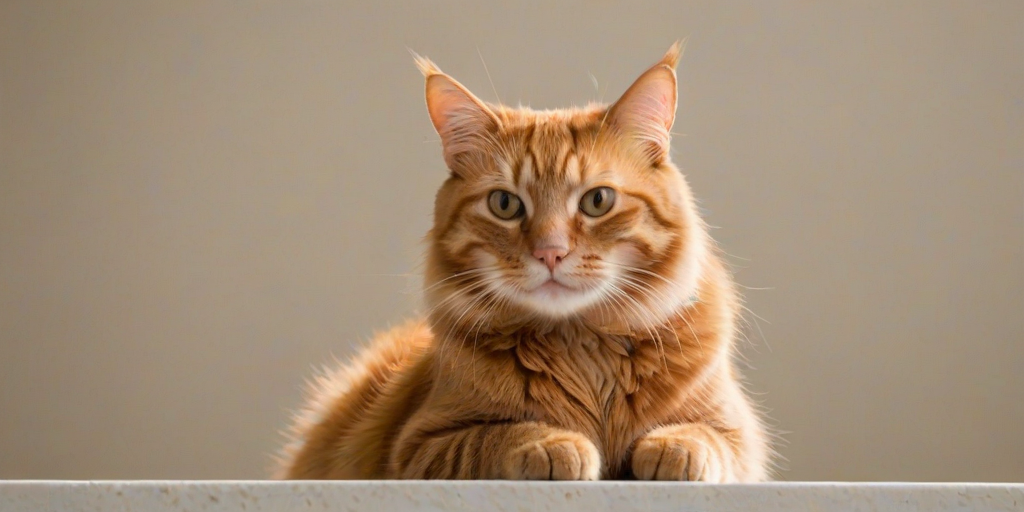 a close-up of an alert orange cat with prominent whiskers sitting on a ledge, soft lighting highlighting its features and a neutral background