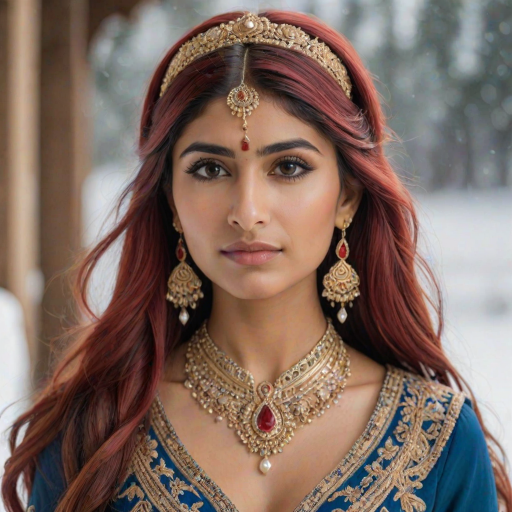 mia khalifa with long, flowing red hair, wearing a traditional, ornate red and blue costume with gold accents and intricate embroidery, stands facing the viewer in a close-up portrait. Her hair is styled in a high ponytail and adorned with a pair of golden, winged hairpieces. She wears gold earrings and her makeup is accented with light pink blush and a bright red lip. She has a soft and slightly melancholic expression, with her eyes looking directly at the camera. The background is a blurred, out-of-focus snowy landscape, with the woman in the foreground. The lighting is soft and natural, creating a warm, intimate atmosphere. The image is composed using a shallow depth of field, with the woman as the main focal point. The overall style is elegant, delicate, and fairytale-like.