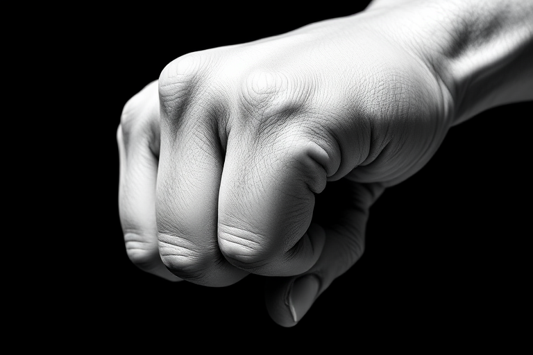 Create a high-contrast black and white illustration of a human hand clenched into a fist with fine line details, captured with a DSLR camera at ISO 100, f/8 aperture, and a 50mm lens in a close-up view to enhance texture and shadow contrasts.