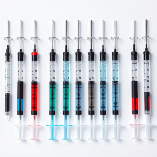 Create a highly detailed illustration of various types of syringes aligned vertically on a plain background, using a macro lens at f/2.8, ISO 100, with a 50mm lens, shot in natural lighting.