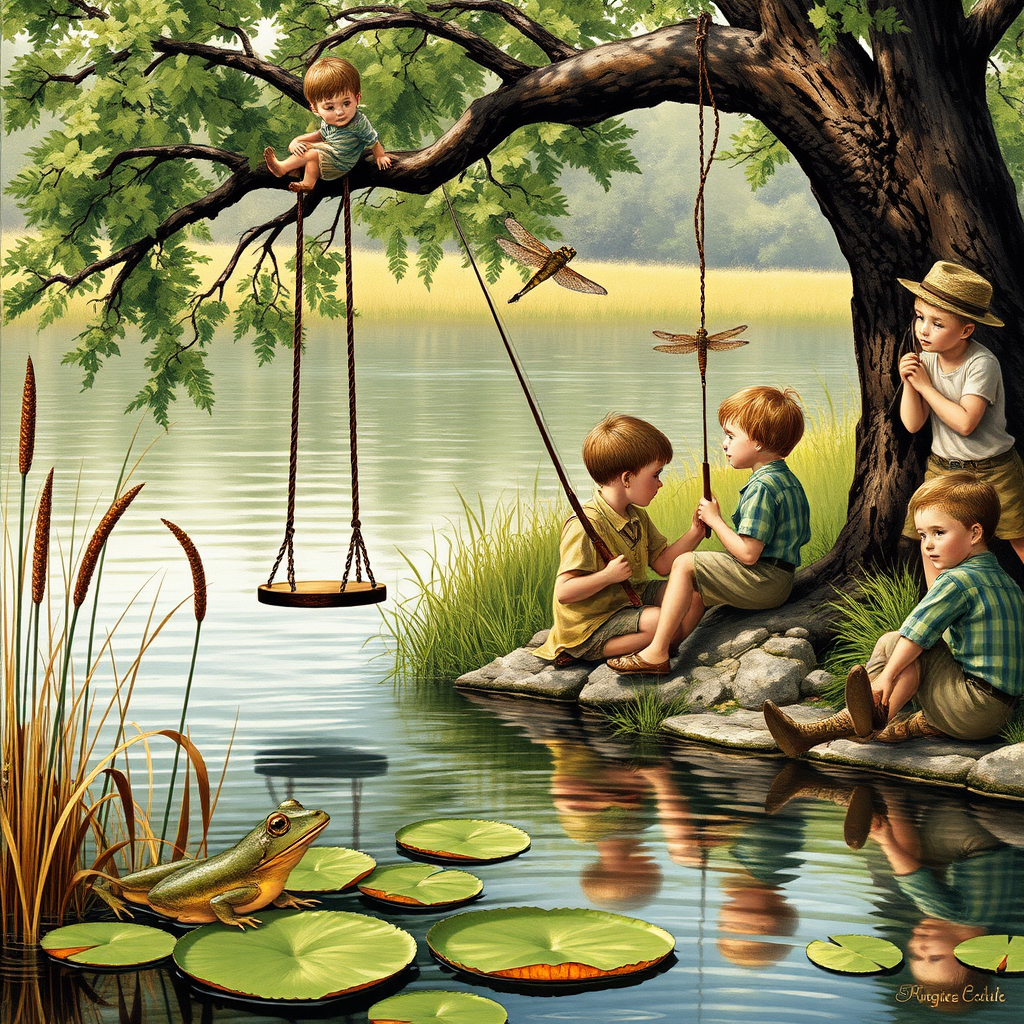 Imagine a small group of old fashioned young boys out fishing by the creek, a swing hanging from a tree branch, reeds and grasses by the water's edge, a frog sitting on a lily pad, dragonflies hovering over som water plans, a very iconic old fashioned scene reminiscent of a Norman Rockwell painting style