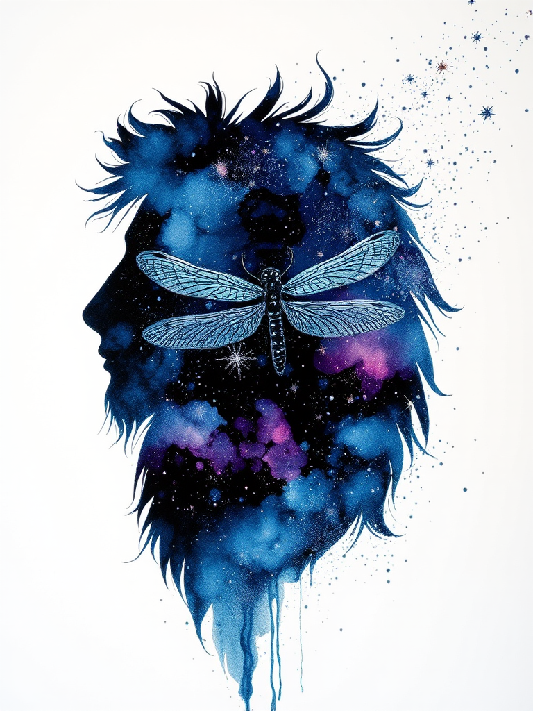 Captivating conceptual render alcohol ink art, double exposure, the paint strokes artfully merge combining a woman's full silhouette with a Delicate dragonfly's silhouette. The figures are composed of a series of colored dots, lines & spots that evoke the image of a cosmic galaxy, colors are deep shades of blue purple & black with flashes of white & silver representing distant stars. The woman's silhouette is formed within the lion's silhouette from constellations of scattered stars, surreal