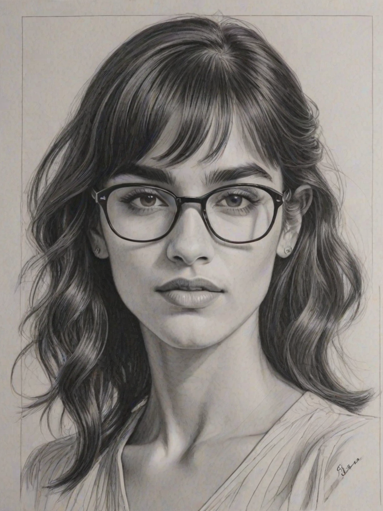 Radiant Sofia Boutella, pencil sketch, portrait of Exquisite woman 1944s in glasses, hair style beatnik, outline, clear lines, fine lines, 8k