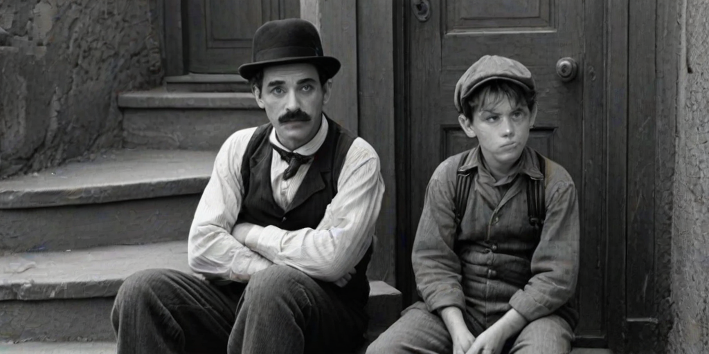 A black-and-white photograph of a man and a child sitting on steps in front of a doorway. The man is dressed as a tramp with a bowler hat, mustache, and ragged clothes, reminiscent of Charlie Chaplin's iconic look. He is sitting with his arms crossed and an expression of slight sadness or frustration. Next to him is a young boy, also in worn clothes and a cap, sitting with his hands clasped, looking thoughtful. The background is an old, textured wall and a partially open door, creating a vintage, early 20th-century atmosphere.