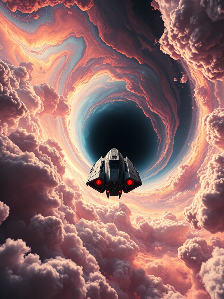 A futuristic spaceship flying towards a swirling black hole surrounded by vibrant cosmic clouds, captured with a 24mm lens at f/2.8, ISO 400, 1/1000s shutter speed, in a high-resolution digital format, using a DSLR camera with a wide-angle view and enhanced color saturation for a dramatic effect.