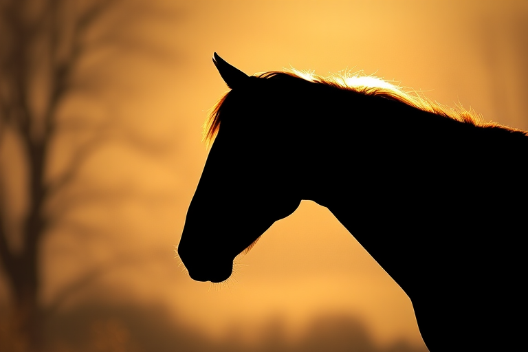 Create a high-resolution artistic rendering of a horse silhouette, utilizing a soft focus with a Canon EOS R5 camera, 50mm f/1.2 lens, aperture set to f/1.8, ISO at 100, in natural light with a slight side angle view to enhance the elegance of the horse's profile.