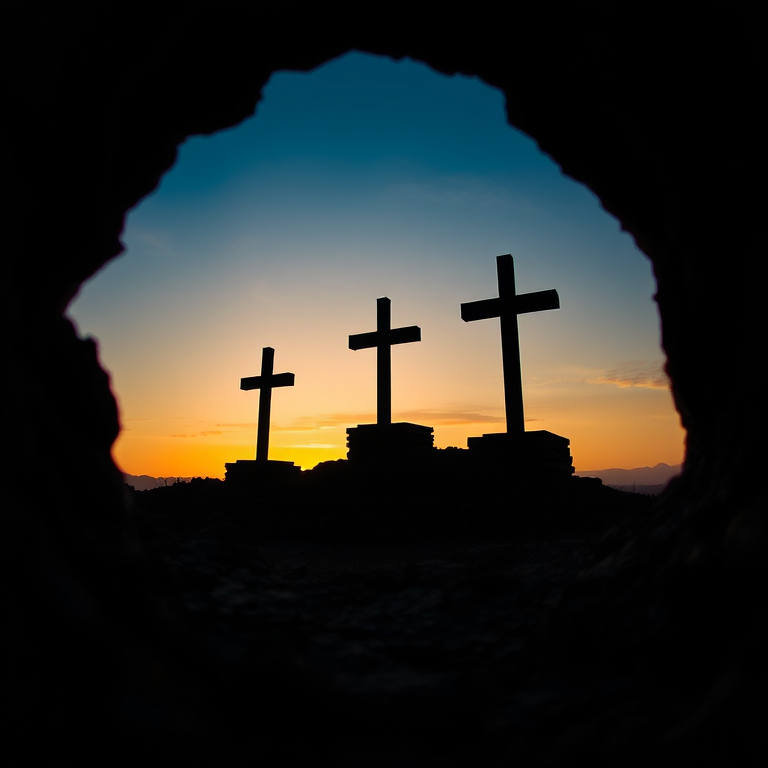 Three silhouetted crosses at sunrise viewed through a rocky cave opening, soft focus lens, f/8 aperture, 1/250s shutter speed, ISO 100, wide-angle lens, DSLR camera.