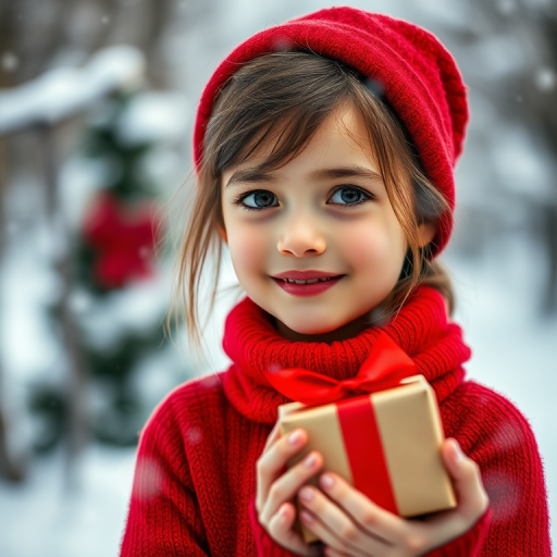 portrait of a girl in a red outfit with a gift in a snowy background, soft focus, natural lighting, aperture f/2.8, ISO 200, 50mm lens, DSLR camera, shallow depth of field, high dynamic range processing