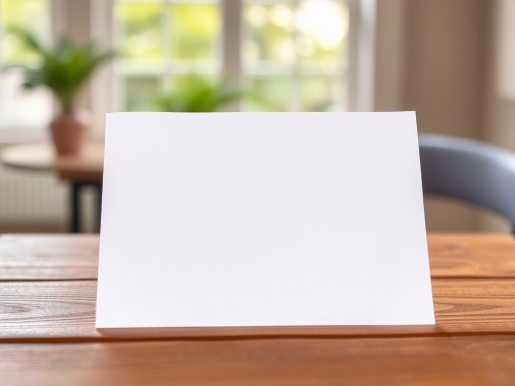 Create an image of a blank piece of paper on a wooden table with natural lighting, using a DSLR camera, aperture f/2.8, ISO 200, and a focal length of 50mm for sharp detail and soft background blur.