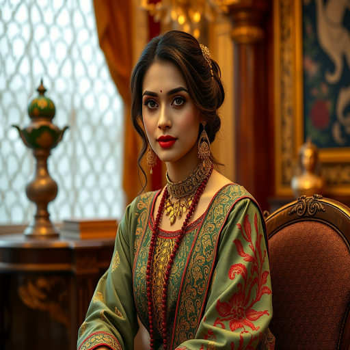 A beautiful Pakistani woman in traditional East Asian attire, intricately detailed with embroidered patterns, sitting gracefully in a richly decorated room, soft ambient lighting, serene and elegant, ultra-realistic, 8K resolution
