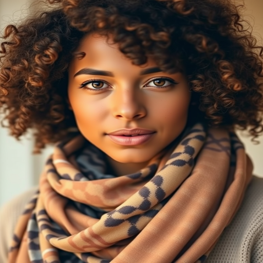 Portrait of a woman with curly hair wearing a patterned scarf, soft natural lighting, ISO 100, f/2.8, 50mm lens, shallow depth of field, DSLR camera, warm color tones, sharp focus on the eyes.