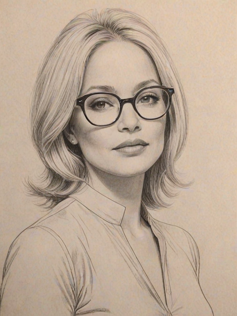 Elegant Ellen Barkin, pencil sketch, portrait of Elegant woman 1960s in glasses, hair style beatnik, outline, clear lines, fine lines, 8k