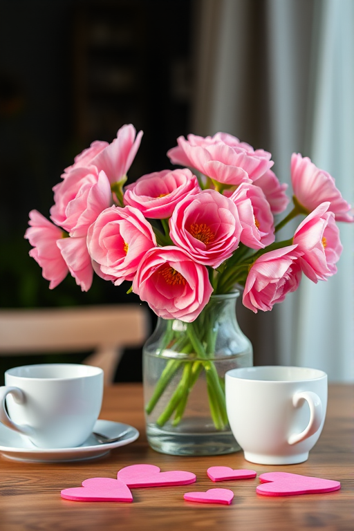 A close-up shot of pink ranunculus flowers in a clear glass vase with a dark blurred background, two white coffee cups on a wooden table alongside heart-shaped decorations, with soft natural lighting, 50mm f/1.8 lens, ISO 200, shutter speed 1/125 sec, captured using a DSLR camera.