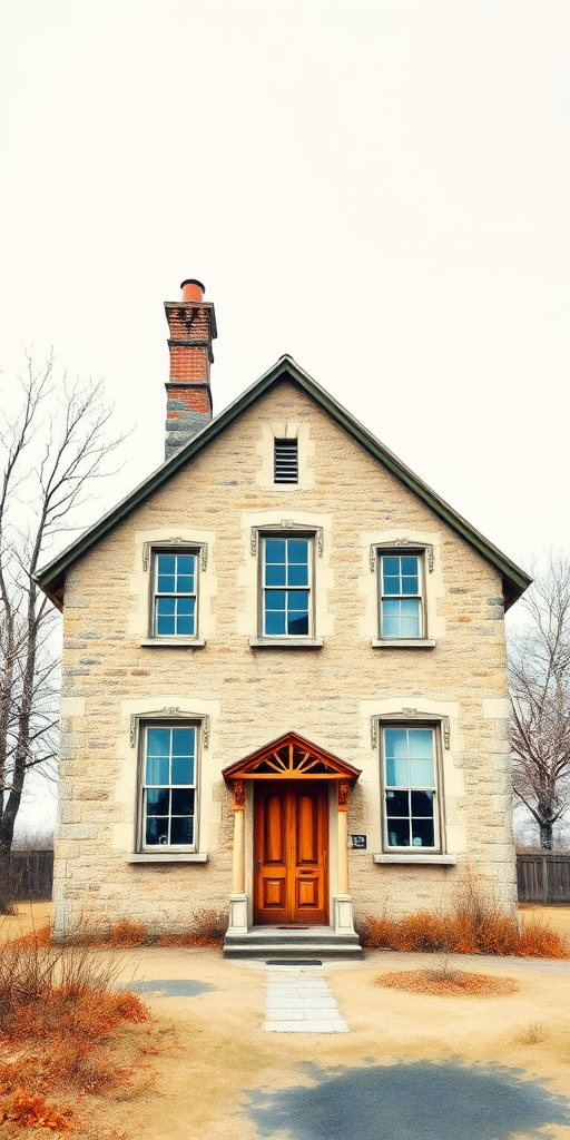 Regenerate a watercolor painting of a quaint, old stone house with three windows, a prominent chimney, and a decorative front door, set in a serene landscape with leafless trees, using a Canon EOS R5 with a 50mm lens, aperture f/8, ISO 100, and a focus on vibrant colors and fine details.