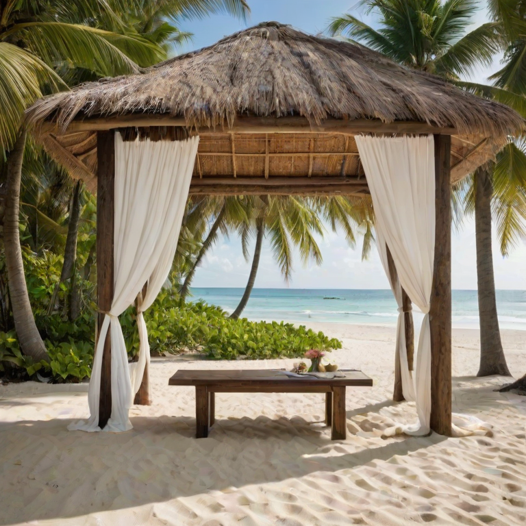 Create a picturesque tropical beach scene featuring a serene, white sandy shore. In the foreground, there's a rustic wooden canopy with white drapes gently flowing in the breeze. Underneath the canopy, a table is set with tropical decor, evoking a sense of relaxation and leisure. The beach extends into a calm, shallow water area with reflections of the sky and surroundings. Palm trees and lush greenery line the edge of the beach, providing a natural, tropical backdrop. The sky is clear with a few scattered clouds, and the overall atmosphere is tranquil and inviting, perfect for a peaceful retreat.