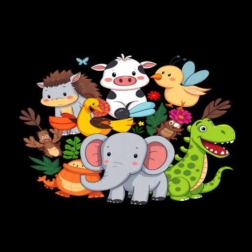 A vibrant illustration of various cartoon animals including a hedgehog, cow, bird, bee, elephant, and dinosaur against a solid black background, captured with a Canon EOS 5D Mark IV, 50mm lens, f/4 aperture, ISO 100, and natural lighting for enhanced color saturation and sharpness.