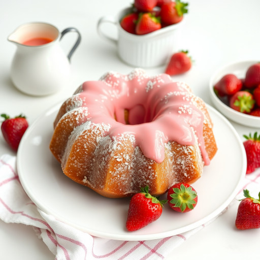 Create an image of a beautifully decorated bundt cake topped with a pink glaze. The cake should have a fluffy texture and be dusted with powdered sugar. Place fresh strawberries around the cake on a white plate. Include a small pitcher of glaze in the background and a striped cloth underneath the plate for added detail. The setting should be bright and inviting.