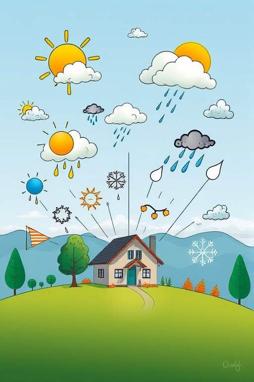 Create a highly detailed illustration of various weather symbols including sun, clouds, rain, snow, and a house in a landscape setting, using a Canon EOS 5D Mark IV camera with a 50mm lens, aperture set to f/1.8, ISO 100, and soft natural lighting for enhanced image quality.