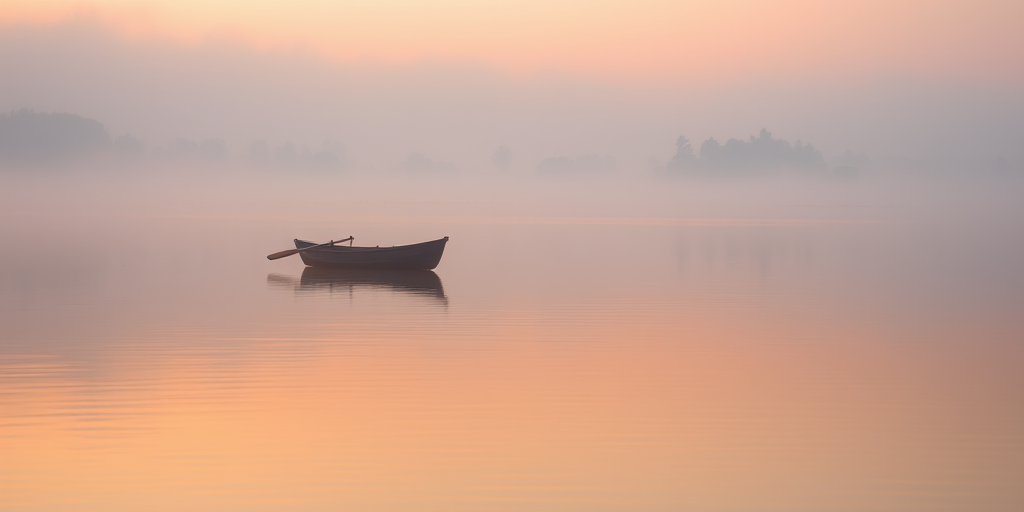 Soft-focus image of a misty lake at sunrise, with soft pink and orange hues reflecting off the still water, a rowboat gently bobbing, and distant trees barely visible through the mist.