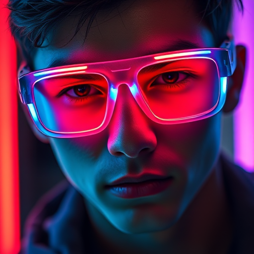 Close-up portrait of a person wearing futuristic neon glasses, illuminated with red and blue lights, sharp focus, low aperture f/1.8, ISO 100, 85mm lens, studio lighting, mirrorless camera.