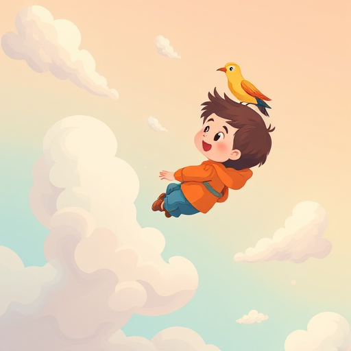 Create an illustration of a boy floating in the sky with a bird perched on his back, surrounded by stylized clouds, using a DSLR camera with a 50mm lens at f/1.8, ISO 200, in a vibrant cartoon style with a soft color palette.