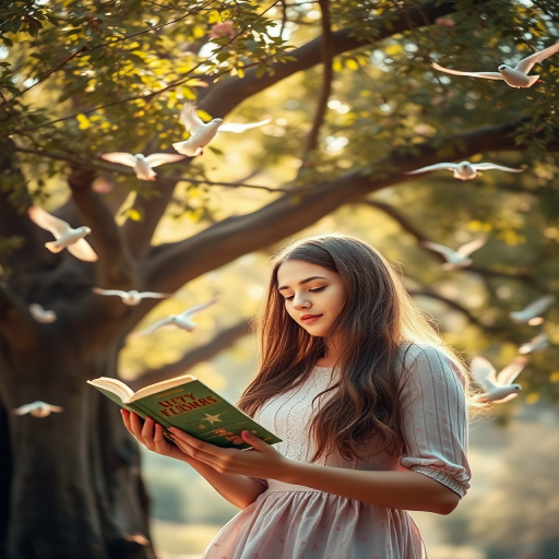 Create an enchanting fantasy scene of a young woman reading a book under a lush tree with birds flying around, captured with a DSLR camera, 50mm lens, f/1.8 aperture, ISO 100, soft focus, vivid colors, and dramatic lighting.