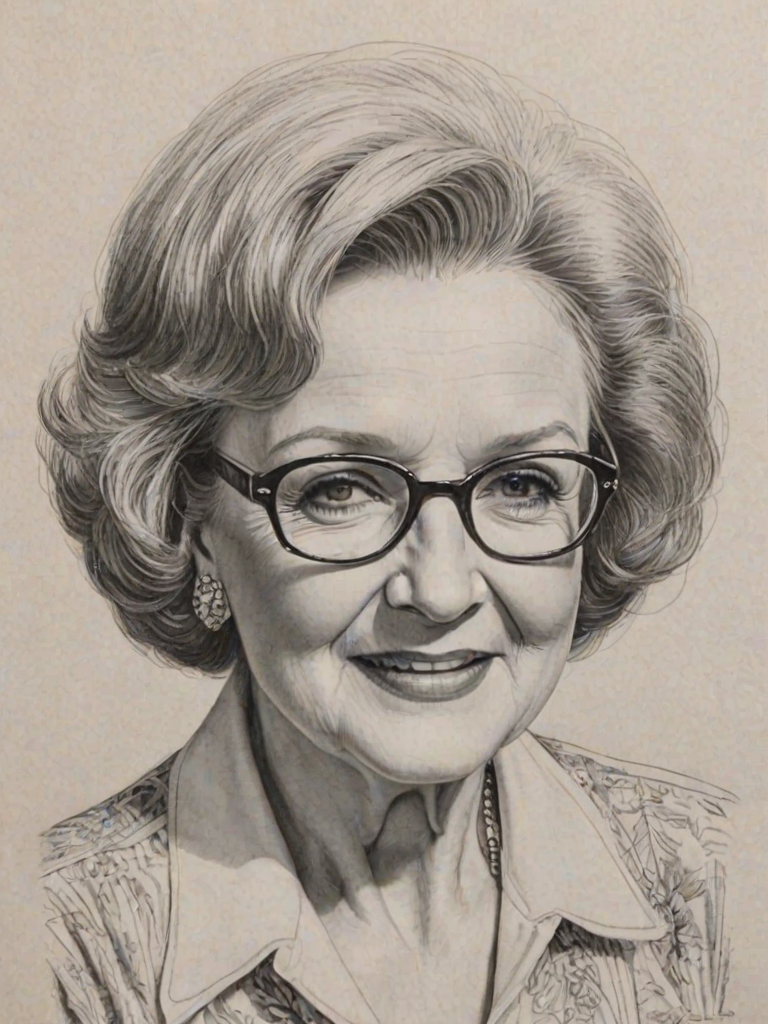 Alluring Betty White, pencil sketch, portrait of Dazzling woman 1977s in glasses, hair style beatnik, outline, clear lines, fine lines, 8k