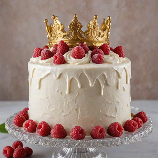 Create an image of a beautifully decorated cake with a smooth white frosting and a crown of fresh raspberries on top. The cake should have a glossy finish and be presented on a glass cake stand. The background should be simple and elegant, enhancing the cake as the focal point.
