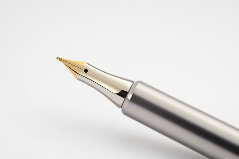 Create a high-resolution vector image of a silver pen with a gold nib, set against a plain background, using a DSLR camera with a 50mm lens, aperture f/1.8, ISO 100, and a slight shallow depth of field to highlight the pen's details.