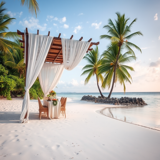 Create a picturesque tropical beach scene featuring a serene, white sandy shore. In the foreground, there's a rustic wooden canopy with white drapes gently flowing in the breeze. Underneath the canopy, a table is set with tropical decor, evoking a sense of relaxation and leisure. The beach extends into a calm, shallow water area with reflections of the sky and surroundings. Palm trees and lush greenery line the edge of the beach, providing a natural, tropical backdrop. The sky is clear with a few scattered clouds, and the overall atmosphere is tranquil and inviting, perfect for a peaceful retreat.