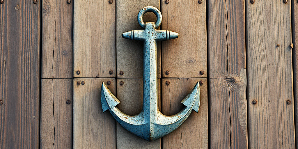 Create a high-resolution illustration of a vintage-style anchor, captured with a DSLR camera at f/8 aperture, ISO 100, 50mm lens, in a top-down view, using natural lighting for enhanced clarity and detail.