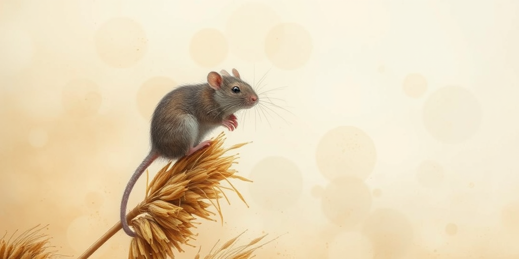 Soft, muted Alcohol Ink with ebru effect background image of tiny whimsical rat, who climbed high on the top of a golden rye ear.