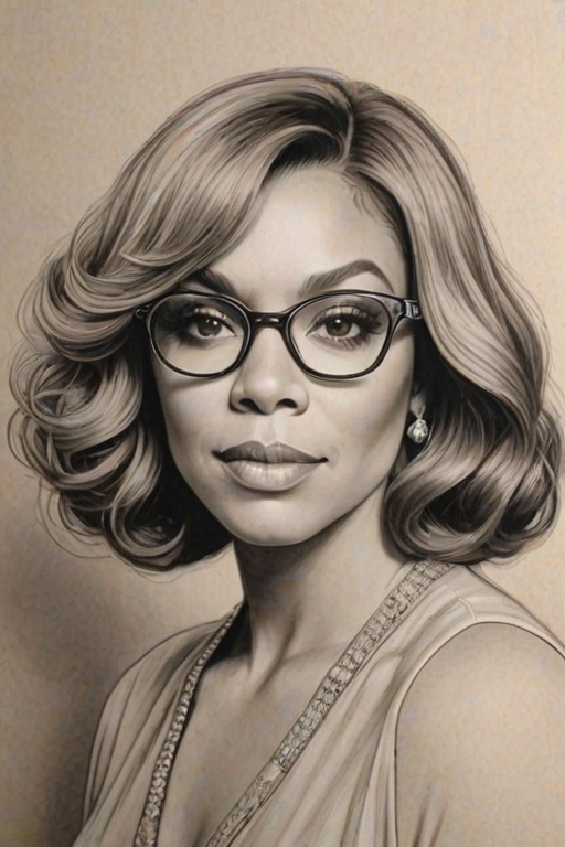 Fascinating Wendy Williams, pencil sketch, portrait of Elegant woman 1920s in glasses, hair style beatnik, outline, clear lines, fine lines, 8k