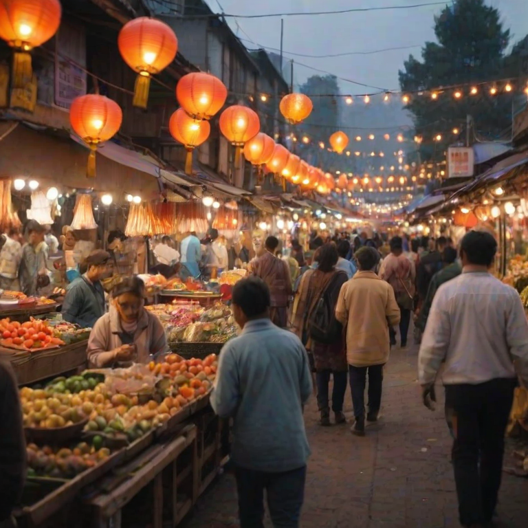 Blurry candid shot of a busy food market at dawn, with vendors setting up stalls, soft light from hanging lanterns casting warm glows, and colorful produce softly blurred in the background.